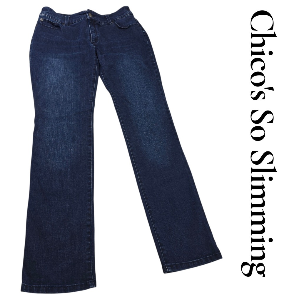 Chico's So Slimming Jeans Womens 0 Regular Blue Cotton Stretch Straight Leg Dark